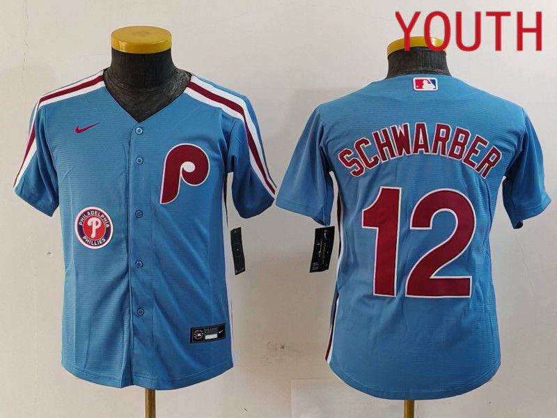 Youth Philadelphia Phillies #12 Schwarber Blue Throwback 2024 Nike MLB Jersey style 3